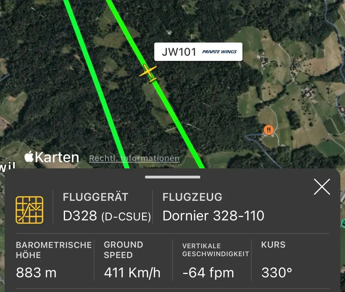 Ein Kartenausschnitt von einem Flugradar.